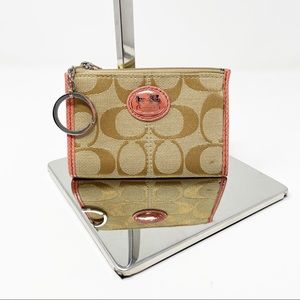 Coach Signature Pink & Tan Coin Purse Keychain Cardholder Wallet